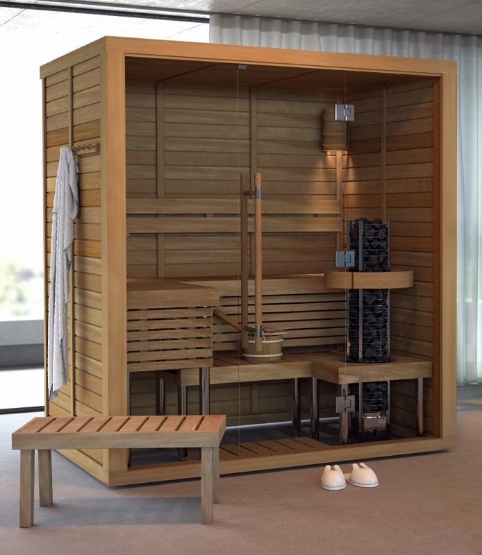 SAWO glass front sauna in home gym