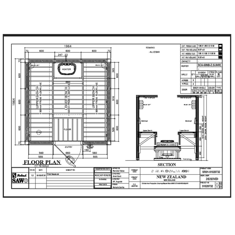 6 person SAWO sauna Floor Plan