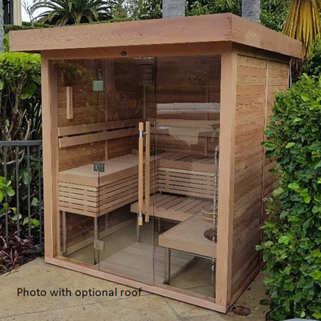 Large glass-fronted SAWO sauna with a roof for outdoor settings