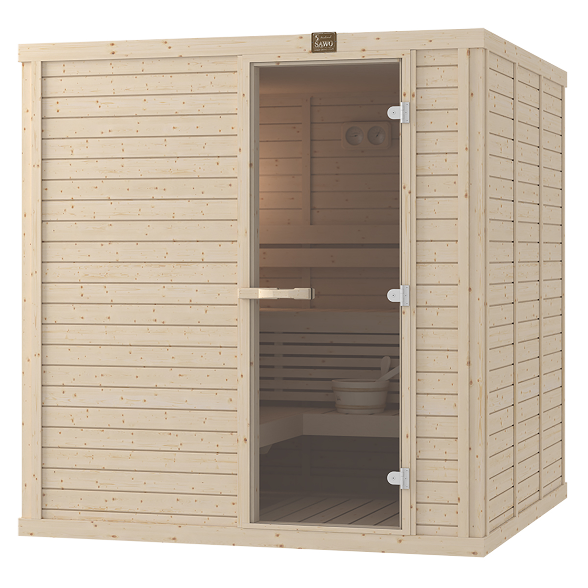 large 6-person SAWO sauna in Spruce