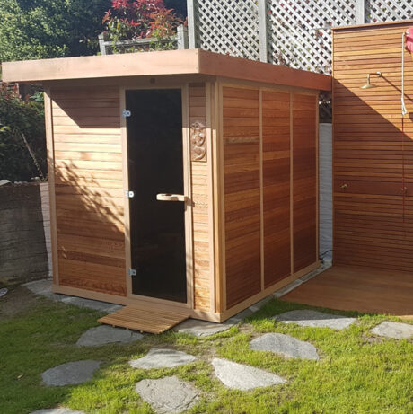 Large 6-person sauna by SAWO in cedar with right-hand glass door and fitted with outdoor roof option