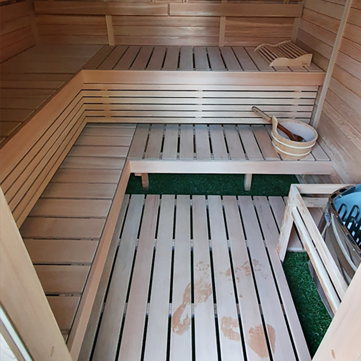 Large 7-seater SAWO sauna with straight cedar benching