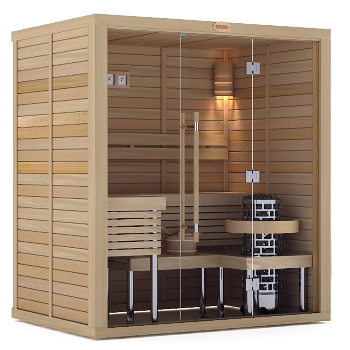 Glass-fronted SAWO sauna for up to 4 adults