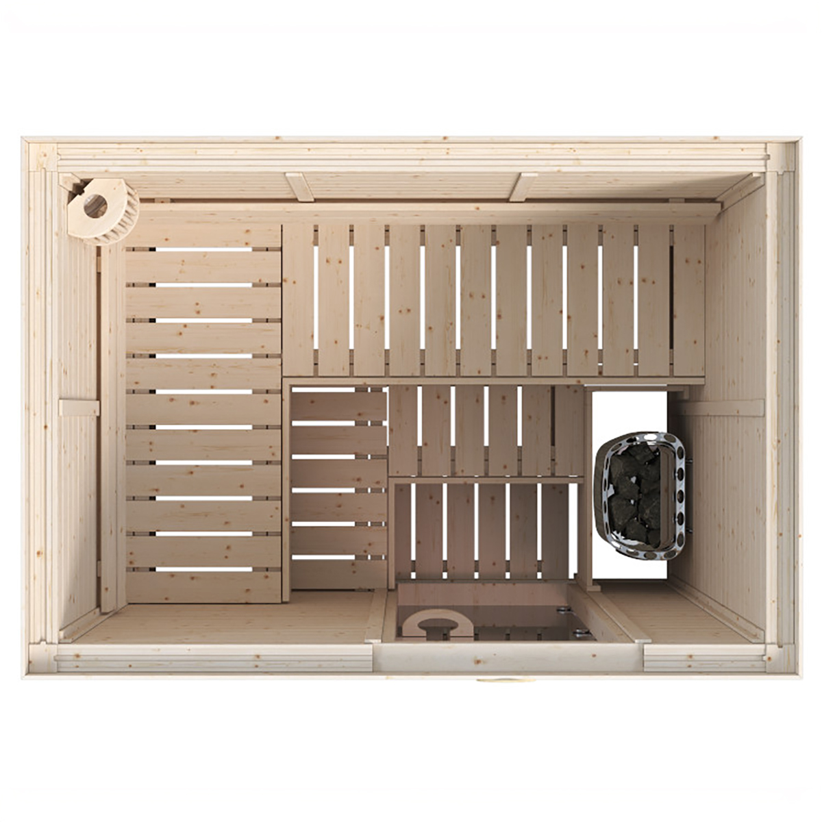 Interior top-down view of 4 person sauna by SAWO