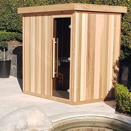 4 person SAWO sauna in Cedar with outside roof installed and right-hand glass door