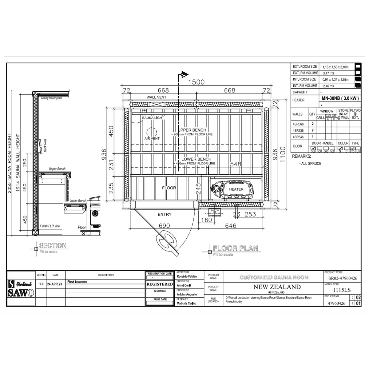 Floor Plan of SAWO Sauna for 2 people