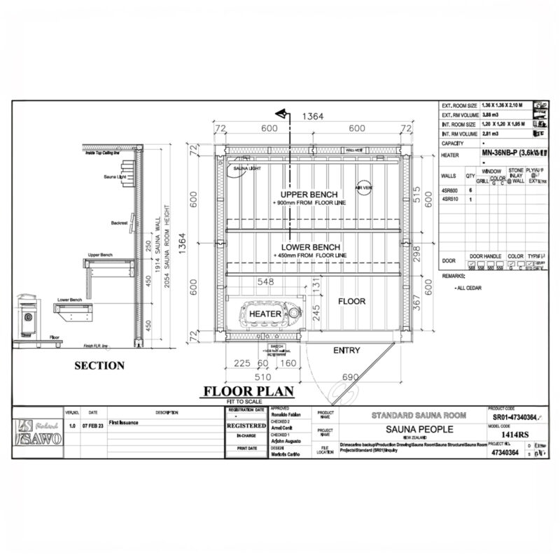 Floor plan of small SAWO sauna for 2 people 