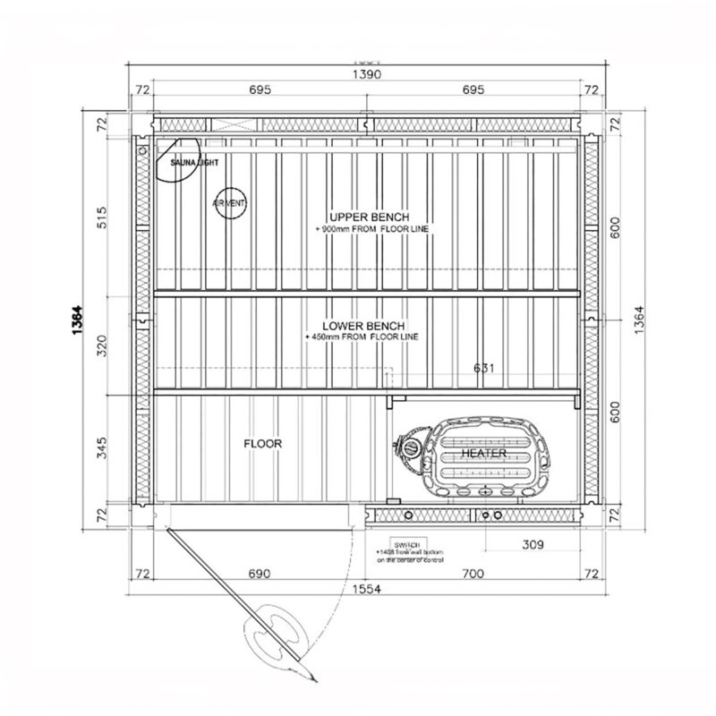 Floor plan of SAWO Sauna for 2-3 People with left hand door